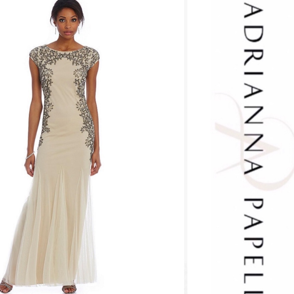 Adrianna Papell rainfall chiffon beaded sleeveless long dress - Picture 1 of 5